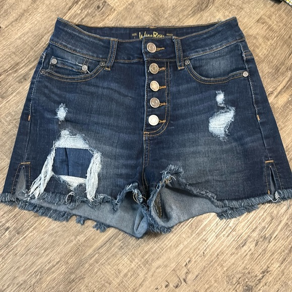 Indigo Rein Pants - Super high waisted, indigo rain five button denim short ripped size 1 or 24